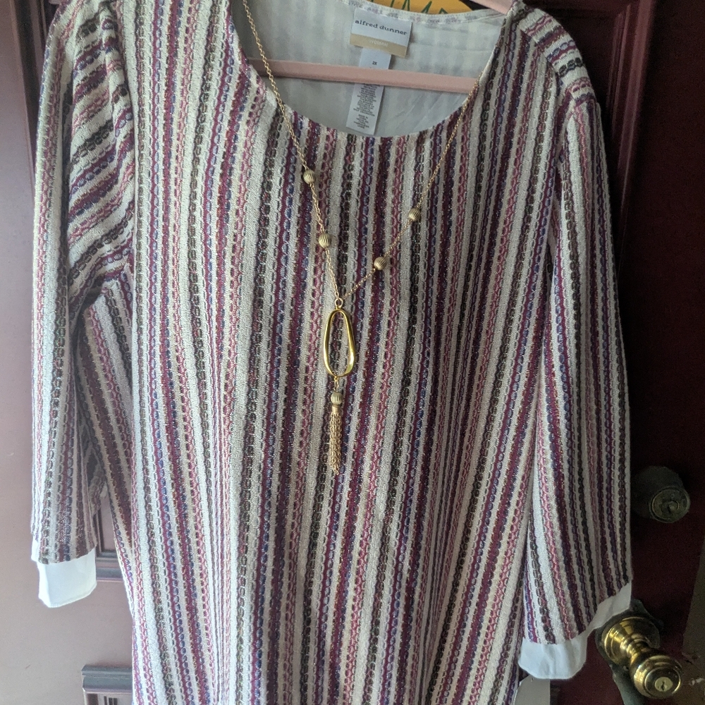 Alfred Dunner Metallic Striped Long Sleeve Top With Attached Necklace